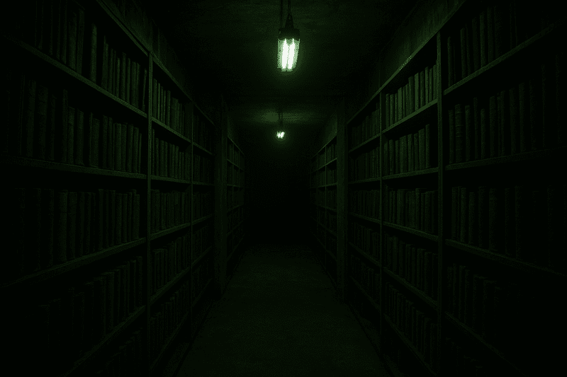 A claustrophobic archive corridor under dim greenish light, echoing Supernatural Horror ambiance