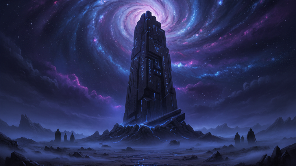 A towering, ancient monolith stands on cracked earth under a swirling cosmic sky with purple and blue nebulae, and shadowy figures in the distance