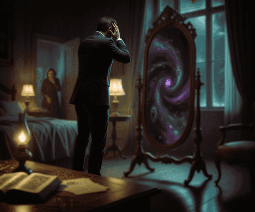 a man in a suit looking into a mirror