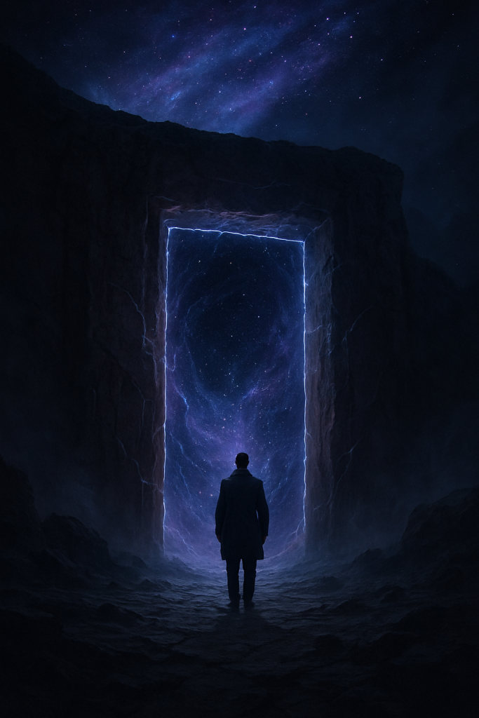 cosmic doorway glowing in darkness, lone figure facing void, sci-fi horror scene