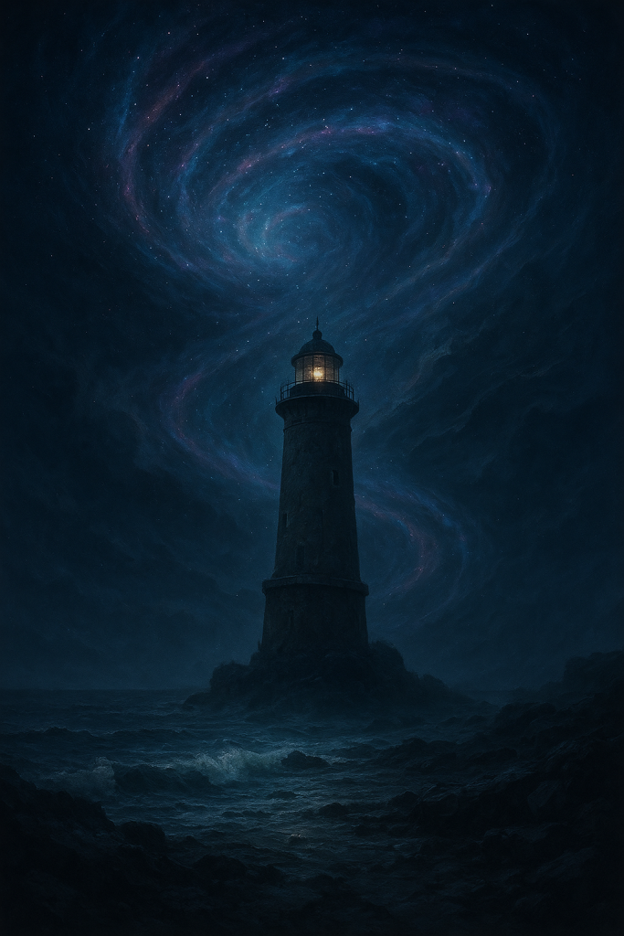 abandoned cosmic lighthouse under swirling galaxy, ocean waves, dark horror scene